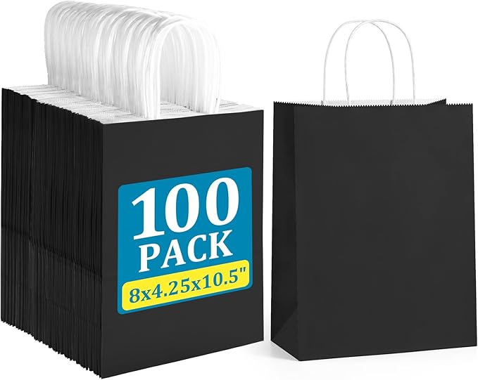 BagDream Black Gift Bags 8x4.25x10.5 100Pcs Kraft Paper Bags with Handles Bulk for Wedding, Party Favor, Grocery, Shopping, Retail, Merchandise Medium Paper Gift Sacks