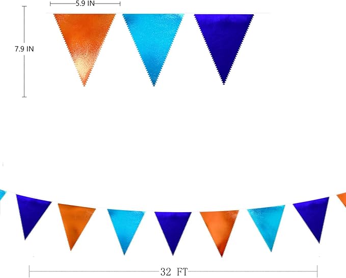 Orange Blue Party Decorations Metallic Fabric Triangle Pennant Flag Bunting Banner Garland for Birthday Baby Shower Graduation Bridal Shower Wedding Bachelorette Engagement Space Theme Party Supplies