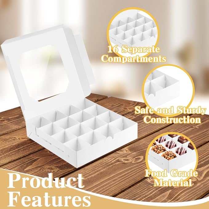 25 Pack White Bakery Boxes, Sweet Boxes with Windows and Divider, 16-Compartments Dessert Box for Chocolate Sweet Assortment