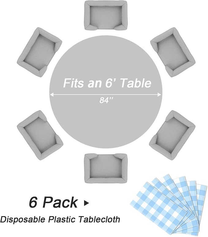QIKSION Blue Gingham Round Tablecloth 6 Pack, 84 Inch Plastic Checkered Table Cover Disposable for Parties