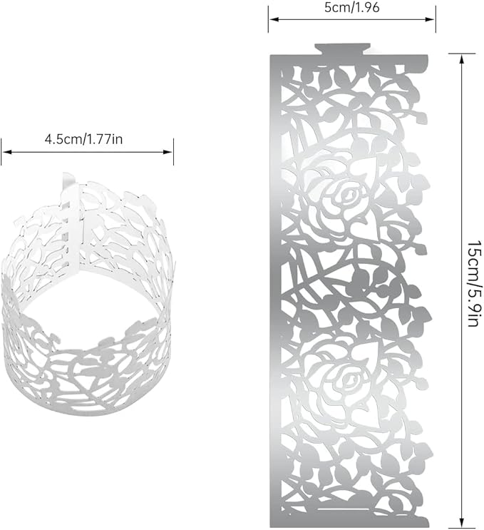 100pcs Disposable Rose Flower Paper Napkin Rings Laser Cut Foil Paper Napkin Holder, Leaf Vine Serviette Rings for Table Decoration,Christmas,Wedding,Party (Silver)