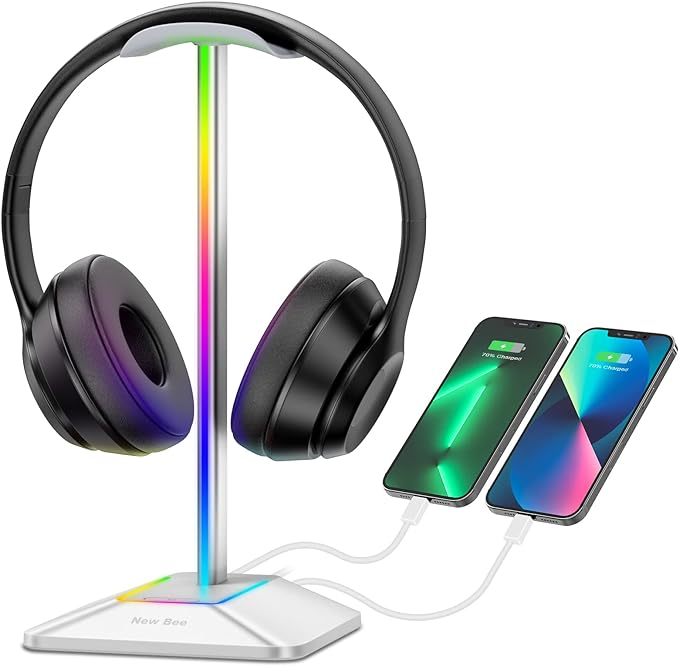 New bee RGB Headphone Stand with 1 USB-C Charging Port and 1 USB Charging Port, Desk Gaming Headset Stand with 7 Light Modes and Non-Slip Rubber Base Suitable for All Earphone Accessories (Silver)