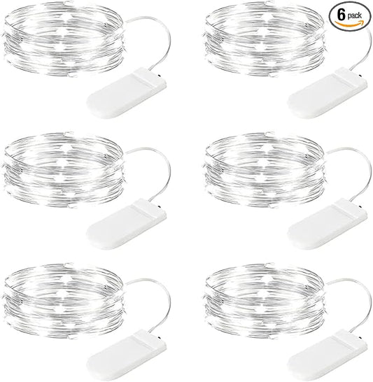 Minetom 6 Pack Fairy Lights Battery Operated String Lights - 7ft 20 LED Waterproof Silver Wire Firefly Lights Waterproof for DIY Crafts Wedding Décor Table Mason Jars Party, White