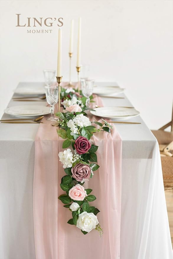 Ling's moment 5FT Dusty Rose Artificial Flower Garland Blush Rose Leaves Floral Garland Arch Flowers Vine for Wedding Party Backdrop Decor Mantel Home Table Centerpieces Wall Decorations Cream