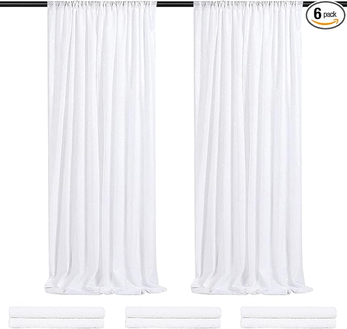 White Backdrop Curtain for Wedding Parties - 2ftx8ft Sparkly Sequin Fabric Drape 6 Panels White Curtain Baby Shower Birthday