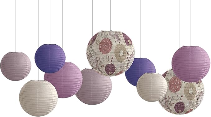 Paper Lanterns Party Decorations Size of 12’10’8inch Floral Pattern Purple Pink Japanese Chinese Lantern Hanging Paper Lantern Bohemian Style Baby Shower Birthday Decorations