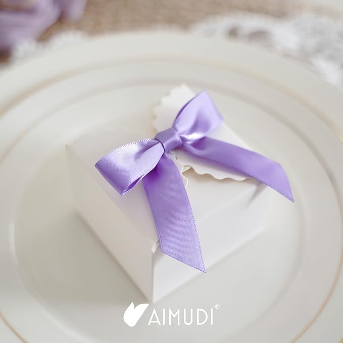 AIMUDI Lavender Satin Ribbon Twist Tie Bows 2.5" Purple Pretied Bows Premade Craft Bows for Treat Bags Cake Pop Gift Wrapping Basket Wedding Favors Cookie Candy Bagging Baby Shower - 50 Counts