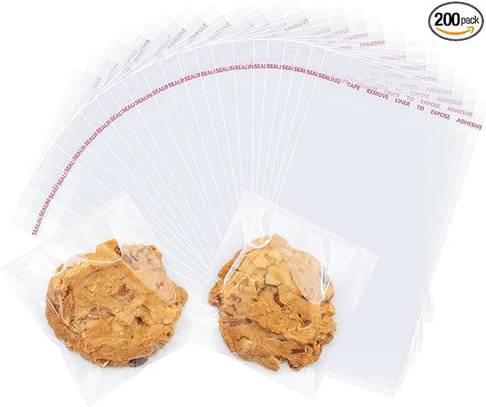 200 Pcs Clear Cellophane Bags 4 x 6 inches Cookie Bags, Self Sealing Cellophane Bags Resealable Cookie & Candy Bags for Party, Christmas, Family Baking Supplies