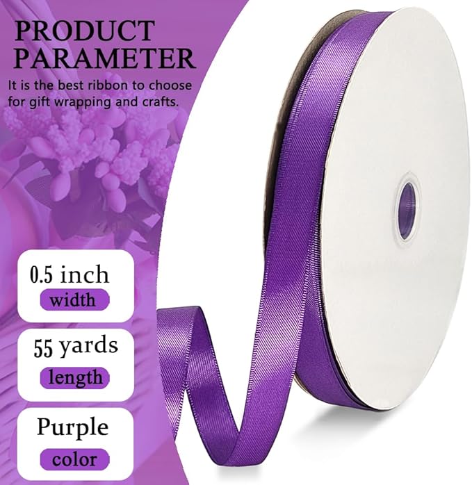 Purple Satin Ribbon Double Faced Satin 1/2 inch x 55 Yards Polyester Ribbon for Gift Wrapping Crafts Wedding Decoration Bows Ornaments Party Bouquet Floral Arrangement