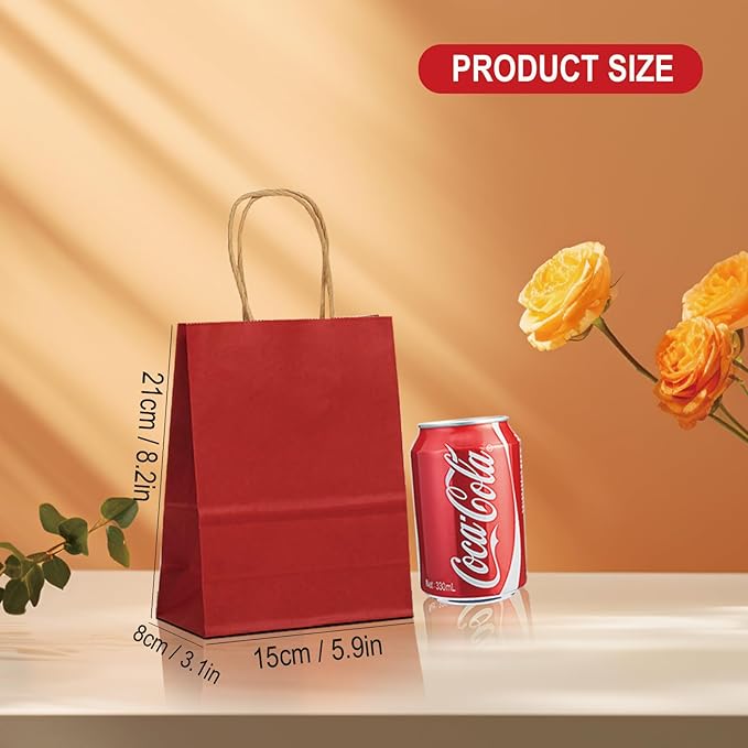 25 Pack Small 5.9x3.1x8.25 Inch Red Kraft Paper Gift Bags with Handles for Bulk Shopping, Retail, Craft, Party Favors, Wedding, Grocery & Sacks