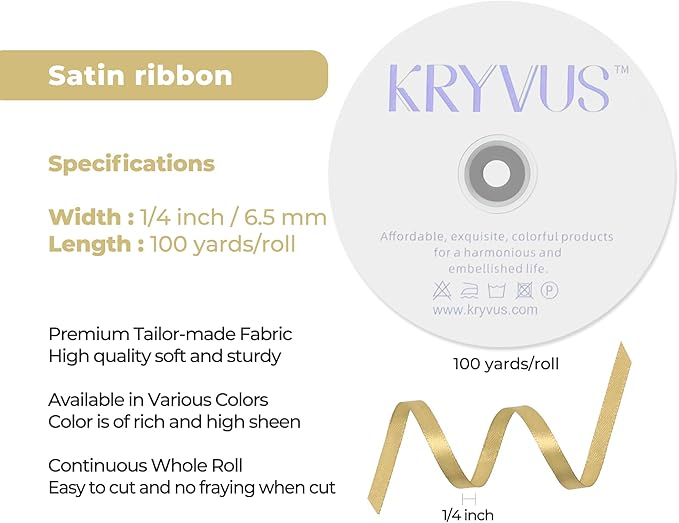Light Gold Satin Ribbon 1/4 inch X Continuous 100 Yards, Single Face Polyester Ribbon Perfect for Gift Wrapping, Flower Bouquet, Wedding Decor, Crafts, Bow Making, Sewing and More