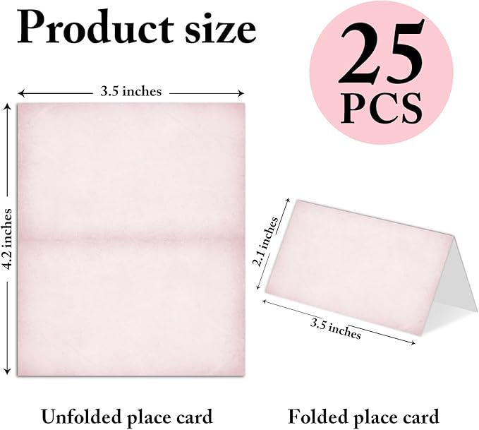 25 Pack Vintage Pink Place Cards, Editable Name Cards for Table Setting, Tent Cards Food Label for Dinner Party, Bridal Shower, Wedding, Baby Shower and Events -T35
