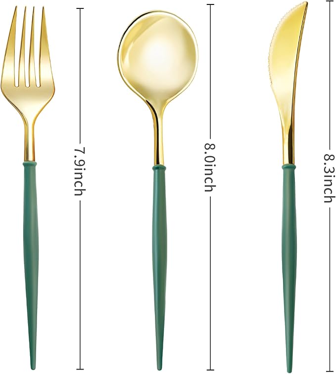 Lullaby 90PCS Gold Plastic Silverware - Utensils Plastic Disposable with Green Handles, Gold Plastic Cutlery with 30 Knives, 30 Forks, 30 Spoons, Ideal for Wedding, Party, Gathering, Daily Use