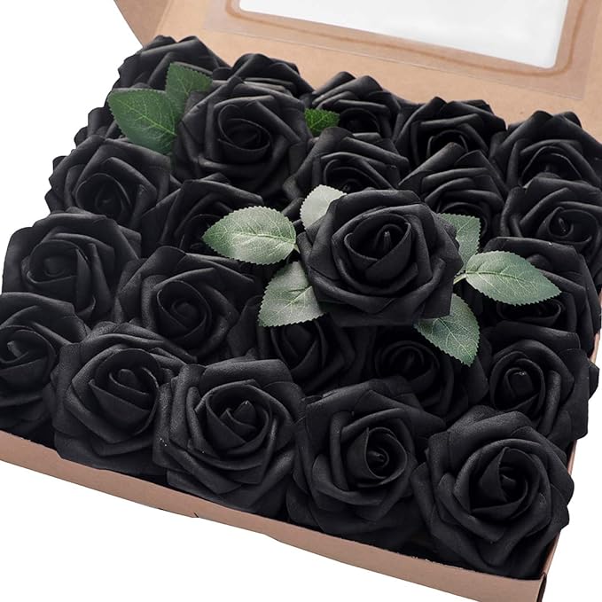Floroom Artificial Flowers 50pcs Real Looking Black Foam Fake Roses with Stems for DIY Wedding Bouquets Centerpieces Arrangements Party Tables Home Halloween Decorations