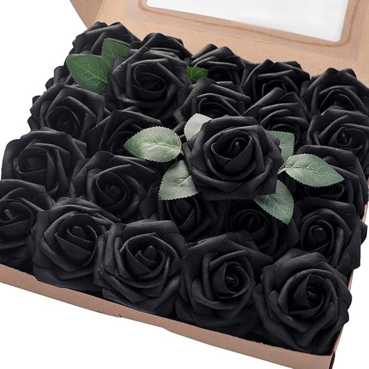Floroom Artificial Flowers 50pcs Real Looking Black Foam Fake Roses with Stems for DIY Wedding Bouquets Centerpieces Arrangements Party Tables Home Halloween Decorations