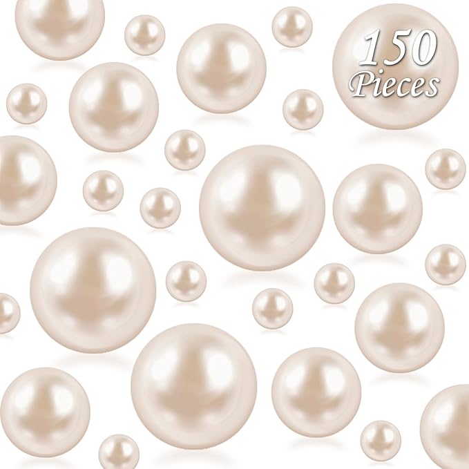 150Pcs Cream Polished No Hole Faux Pearl Beads for Vase Filling Decorations, Plastic Pearls Vase Fillers, Table Scatters, Wedding Centerpiece, Home Decor, 8/14/20 mm
