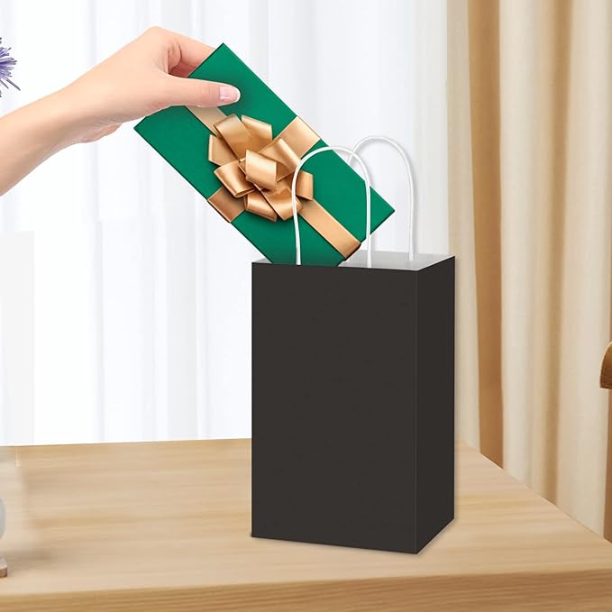 Toovip 50 Pack 5.25x3.25x8.25 Inch Small Black Kraft Paper Bags with Handles Bulk, Gift Wrap Bags for Favor Grocery Retail Party Birthday Shopping Business Goody Craft Merchandise Take Out Cub Sacks