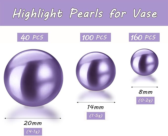 300Pcs Light Purple Polished No Hole Faux Pearl Beads for Vase Filling Decorations, Plastic Pearls Vase Fillers, Table Scatters, Wedding Centerpiece, Home Decor, 8/14/20 mm