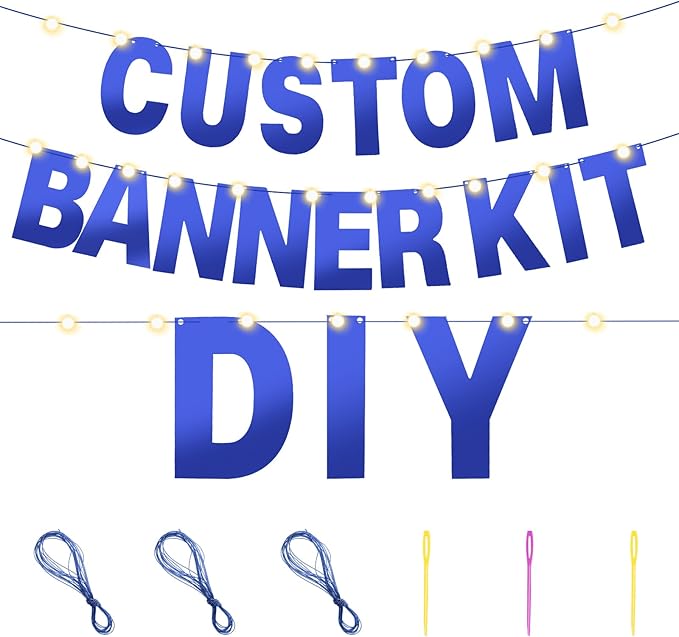 TaoBary 112 Pcs DIY Letter Kit Glitter Customizable Banner Letters Include 107 Letters and Numbers 3 Rope and 2 Needles for Birthday Halloween Christmas Wedding Valentine Party Decor(Bright Blue)