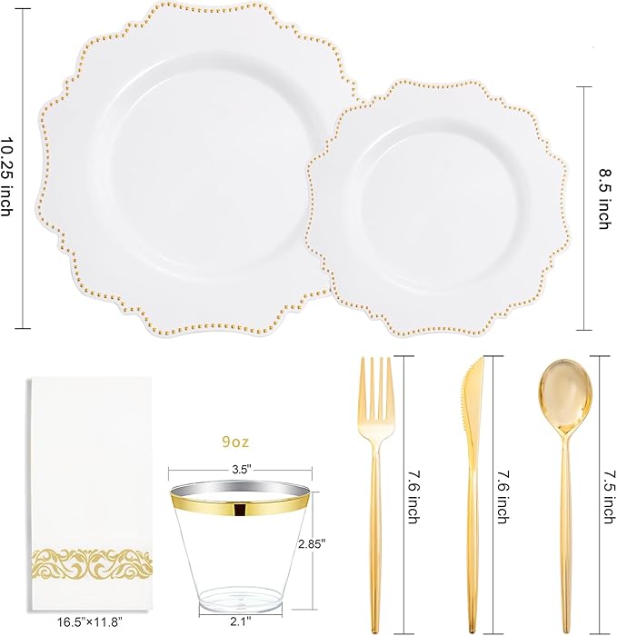 COLOSUS 175pcs Plastic Party Plates Disposable Plastic Dinnerware set. 25guests White Gold Dinner & Dessert Plates with Silverware Cups and Napkins for Party Dinner and Wedding