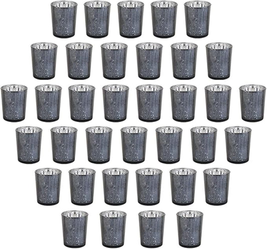 Black Mercury Glass Tea Light Holders Set of 36 - Elegant Votive Candle Holders for Weddings, Showers and Home Decor - Perfect for Table Centerpieces and Parties (Glass, Black)