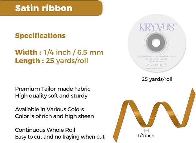 Gold Satin Ribbon 1/4 inch X Continuous 25 Yards, Single Face Polyester Ribbon Perfect for Gift Wrapping, Flower Bouquet, Wedding Decor, Crafts, Bow Making, Sewing and More