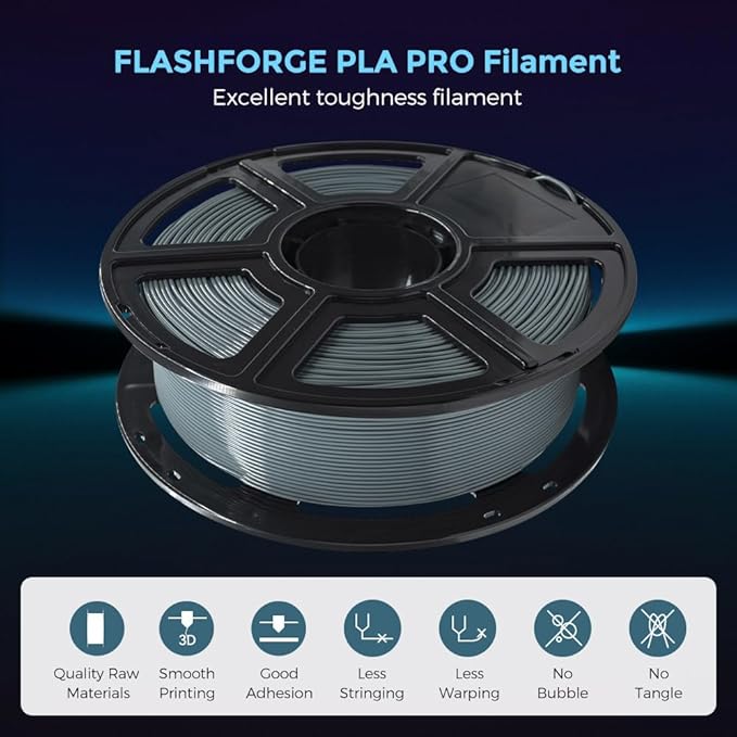 FLASHFORGE 3D Printer Filament, PLA PRO Filament 1.75mm, 1KG Spool (2.2lbs), Dimensional Accuracy +/- 0.02mm for FDM 3D Printers, Better Tenacity & No Knotting (Grey)