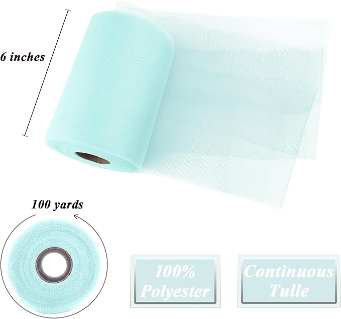 Aqua Blue Tulle Fabric Roll 6”by 100 Yards (300 ft) Soft Tulle Spool for DIY Crafting Favor Supplies, Tutus, Wedding, Party Decorations, Gift Wrapping