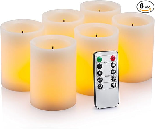 Flameless Flickering LED Candles 3" X 4" with 10-Key Remote Control Timer Classic Pillar Optical Fiber Wick Real Wax Battery Operated Candles, Ivory Color, Set of 6