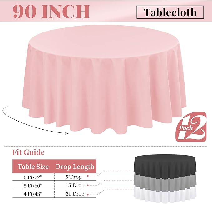 fani 12 Pack 90 Inch Round Tablecloth Pink Polyester Fabric Table Cloth for Round Table,Washable Table Cover for Wedding Party Dining Table Buffet Banquet Restaurant and Camping