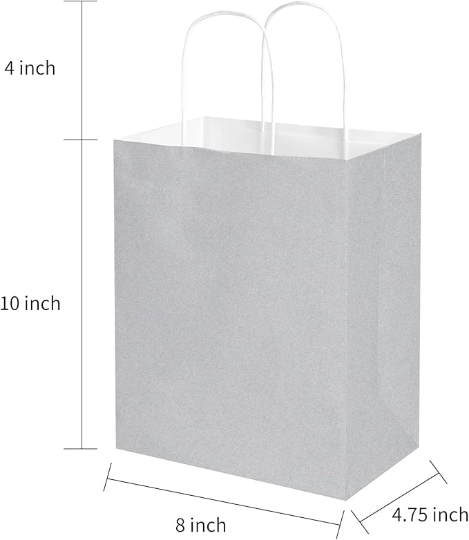 Oikss 50 Pack 8x4.75x10 Inch Medium Gray Kraft Paper Bags with Handles Bulk for Birthday Wedding Party Favors Grocery Retail Shopping Business Goody Craft Gift Bags Sacks, (Silver Grey 50pcs Count)