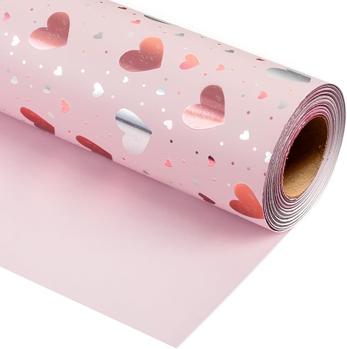 Burymento Gold Foil Heart Wrapping Paper, Reversible Pink Gift Wrap for Birthday, Valentines, Mothers day, Graduation, Wedding, Fathers day, Baby Shower, Christmas (17in x 32.8ft)