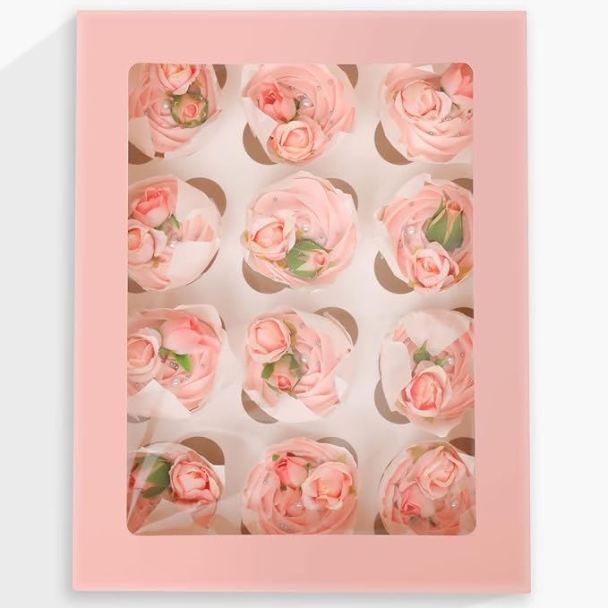 12 Cupcake Containers 10-Packs Pink Cupcake Box Cupcakes Carrier, 12 Cupcake Boxes with Window 13"x10"x3.5"（Auto-pop up）