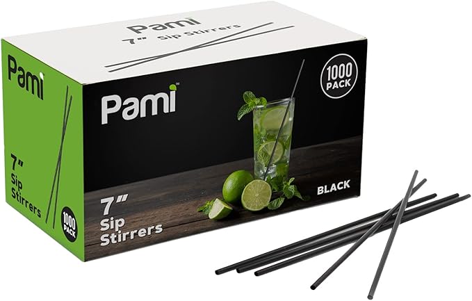 PAMI 1000 Disposable Plastic Cocktail Straws Stir Sticks, Coffee Stirrers for Hot & Cold Drinks, Ideal for Bars and Home (Black 7'')