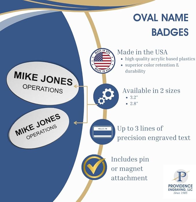 Custom Engraved Name Tag Badges – Personalized Identification with Pin or Magnetic Backing, 2.8 Inch Oval, Black/White