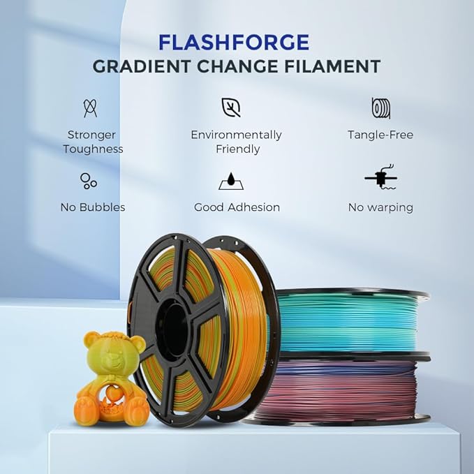 FLASHFORGE 3D Printer Filament Gradient Color Change PLA Filament 1.75mm, 1KG Spool (2.2lbs), Dimensional Accuracy +/- 0.02mm, Better Tenacity & No Knotting 3D Printing Filament (Green & Orange)