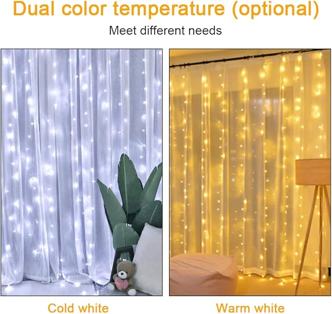 Vicloon Fairy Curtain Lights,300 LED White Curtain Lights,8 Modes 9.8×9.8Ft Waterproof Window Curtain String Light USB Powered with Remote Control,Christmas String Lights Curtain for Indoor/Outdoor
