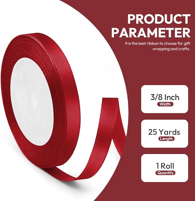 3/8" x 25 Yards Satin Ribbon, Scarlet Silk Ribbon Ideal for Gift Wrapping, Floral Bouquets, Crafts, Wedding Party Decorations, Christmas and Sewing Projects