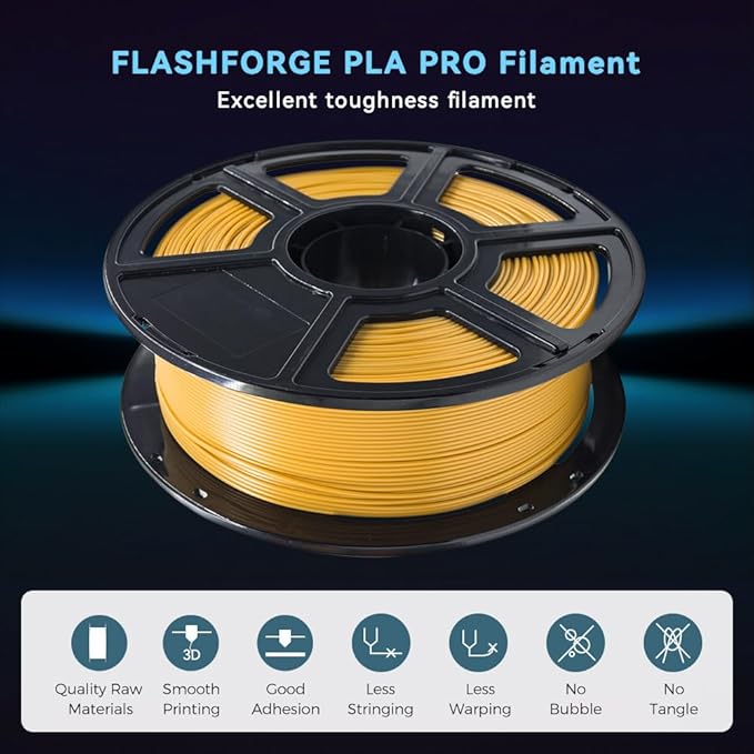 FLASHFORGE 3D Printer Filament, PLA PRO Filament 1.75mm, 1KG Spool (2.2lbs), Dimensional Accuracy +/- 0.02mm for FDM 3D Printers, Better Tenacity & No Knotting (Gold)