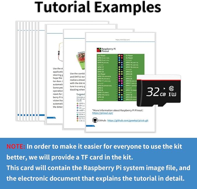 GeeekPi Complete Starter Kit for Raspberry Pi 4B, Python C Java Scratch Code, with 100-Page Tutorial, 16 Projects, 68 Items, ABS Breadboard Holder, Camera Module, Sound Sensor (Pi Board Not Included)