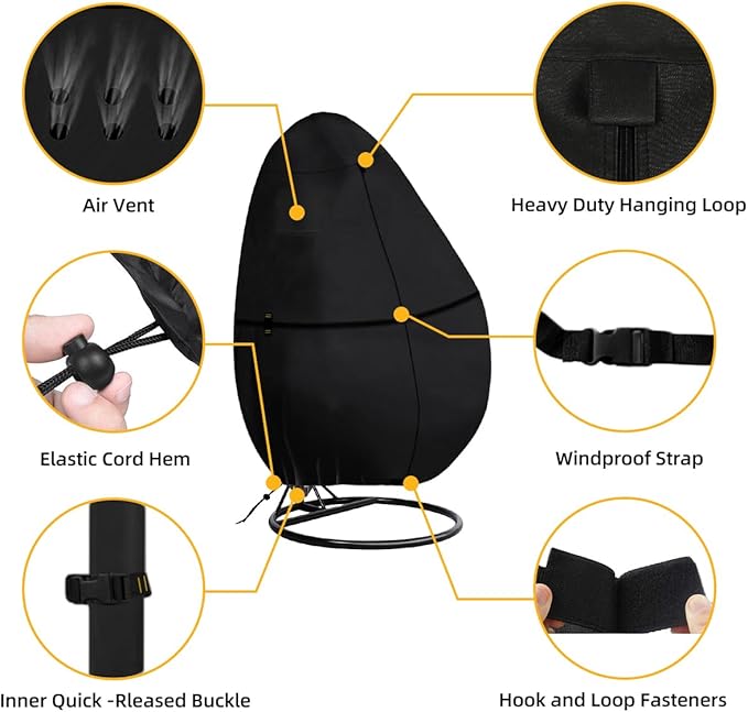 Outdoor Egg Chair Cover Waterproof with Zipper, UV Resistant & Windproof All-Weather Hanging Egg Chair Cover, Fade and Tear Resistant Hanging Chair Covers, 78" x 69", Black
