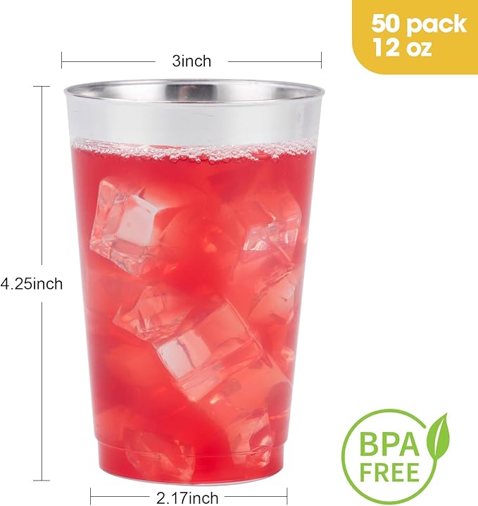 Goodluck 50PCS 12oz Silver Plastic Cups for Party, Disposable Silver Cups, Plastic Cocktail Glasses for Wedding Thanksgiving, Christmas, and