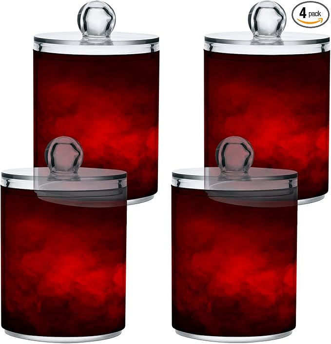 Gredecor 4 Pack Qtip Holder Clear Red Apothecary Jars with Lids Plastic Acrylic Bathroom Jars Vanity Countertop Canister Storage Organizer for Cotton Ball,Swabs,Pads,Floss