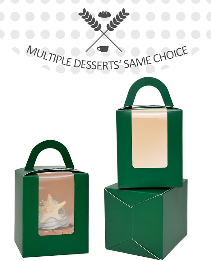 qiqee Cupcake Boxes Green Individual Cupcake Holders Disposable 50pcs Single Cupcake Boxes with Window 3.7" 3.7"*4.5" Cupcake Containers