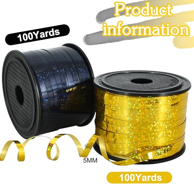 BEISHIDA 2 Pack 100 Yards Black Gold Curling Crimped Glitter Ribbon Balloon String Shiny Metallic for Gift Wrapping Ribbon Birthday Party Festival Art Craft Decor Florist Flowers Decoration