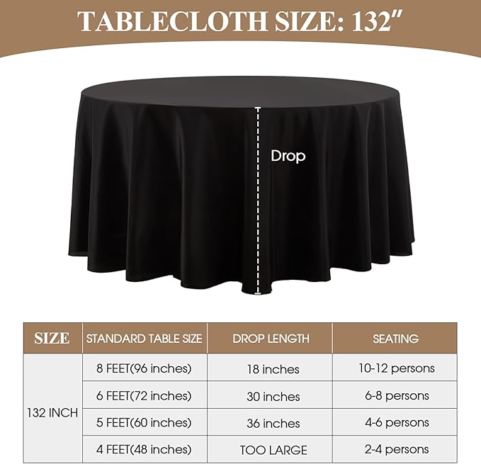 Round Tablecloth 132 Inch 8 Pack Black Tablecloths Washable Decorative Linen Polyester Table Clothes Cover for Dining Table Banquets Buffet Parties and Wedding