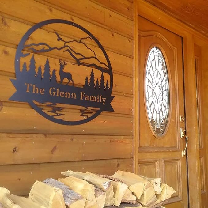 RealSteel Personalized Outdoor Metal Sign, Customize the Great Outdoor Deer & Mountain Monogram, Rustic Cabin, Lodge, or Home Décor, Laser Cut Steel Wall Art, Family Gifts
