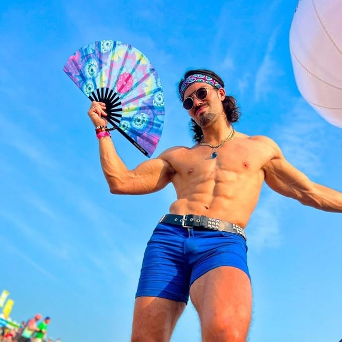 Kandies World UV Reactive Custom Festival Folding Hand Fan - Unique Designs, Made of Bamboo, Clacking Sound, Lightweight - Perfect Rave and Festival Accessory!