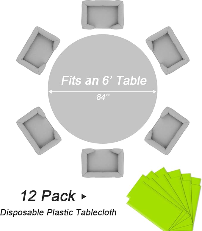 QIKSION Lime Green Round Tablecloth 12 Pack, 84 Inch Plastic Table Cover Disposable for Parties