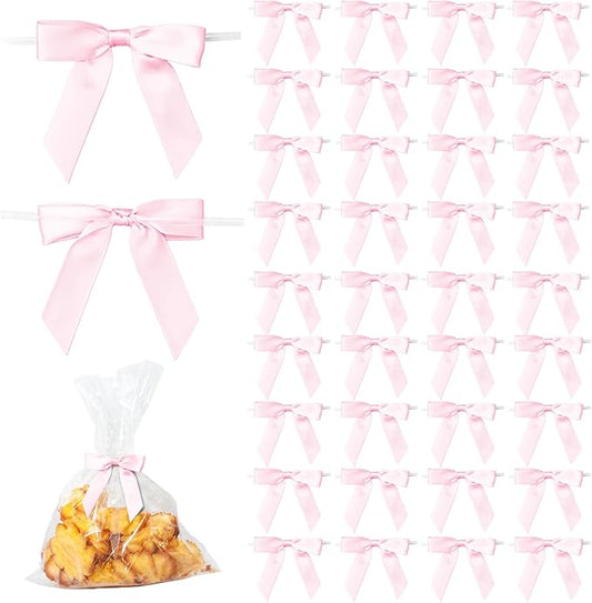 50Pcs Light Pink Twist Tie Bows for Gift Wrapping 2.5" Satin Ribbon Bow for Treat Bags Balloons Birthday Party Favors Wedding Decorations